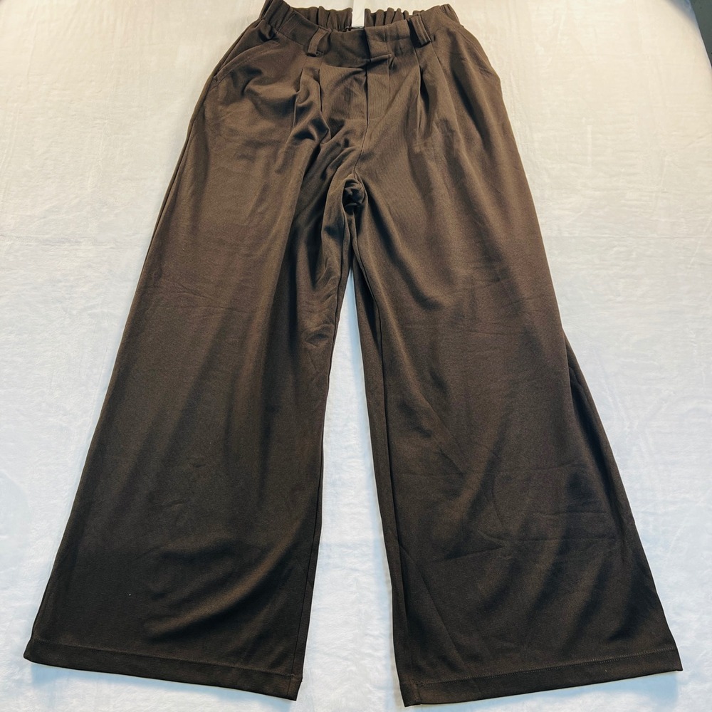 Halara Espresso Brown Wide Leg Pleated High Waist Waffle Knit Work Pants XL Reg - Picture 2 of 6